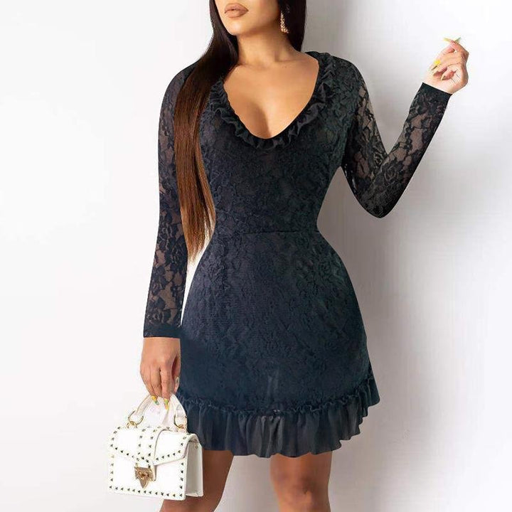 Ruffle Patchwork A - Line Black Dress – Elegant Long Sleeve Mini Dress - Glow Goddess