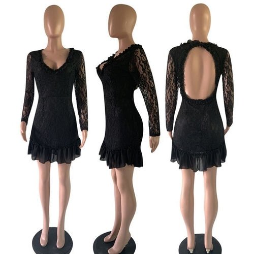 Ruffle Patchwork A - Line Black Dress – Elegant Long Sleeve Mini Dress - Glow Goddess