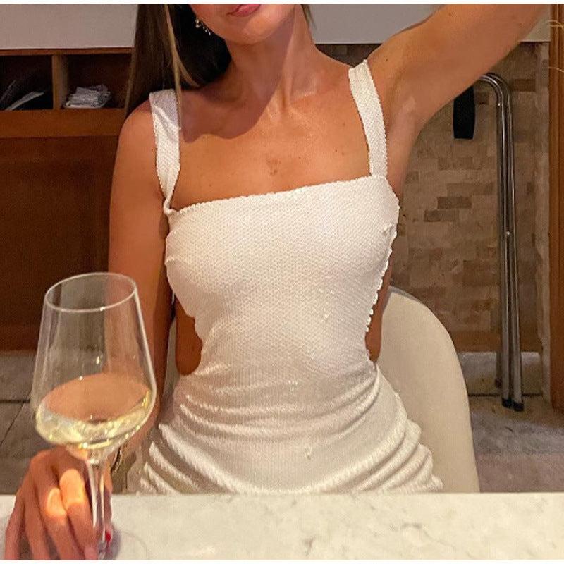 Sequin Sling Square Collar Backless Dress Dress Skirt - Glow Goddess