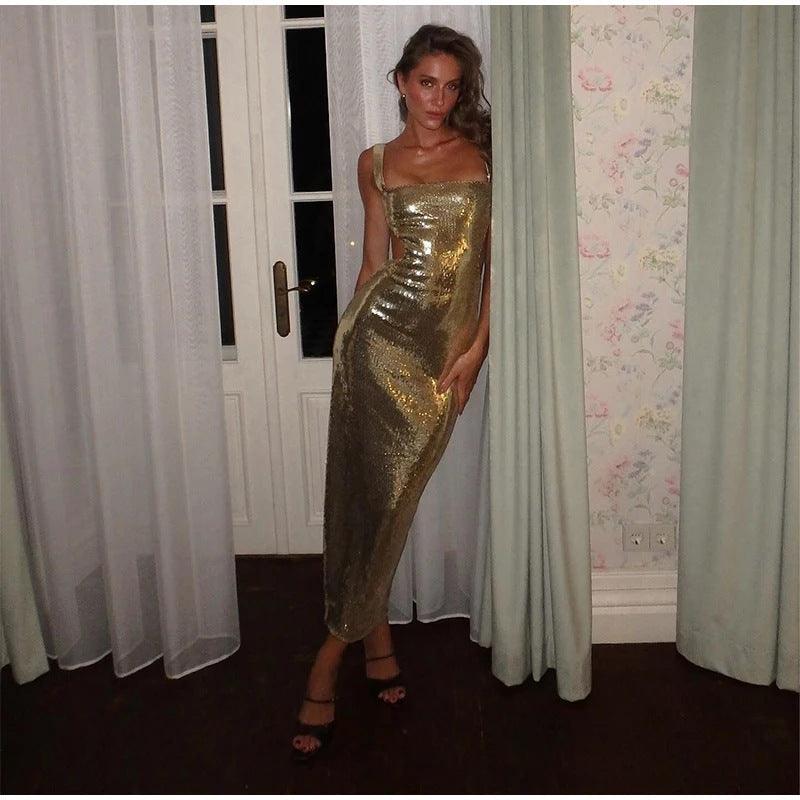 Sequin Sling Square Collar Backless Dress Dress Skirt - Glow Goddess
