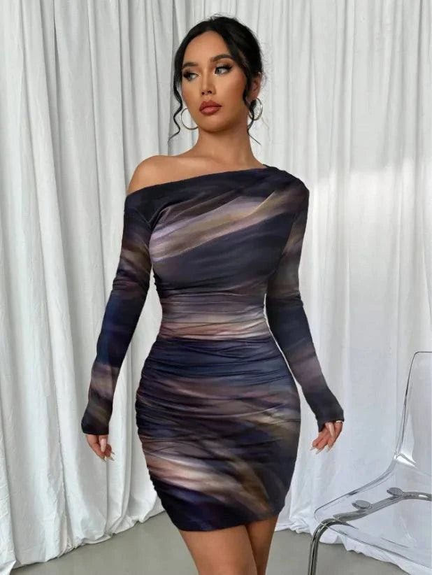 Women’s long sleeve wrap bodycon dress with slim fit and pleated design