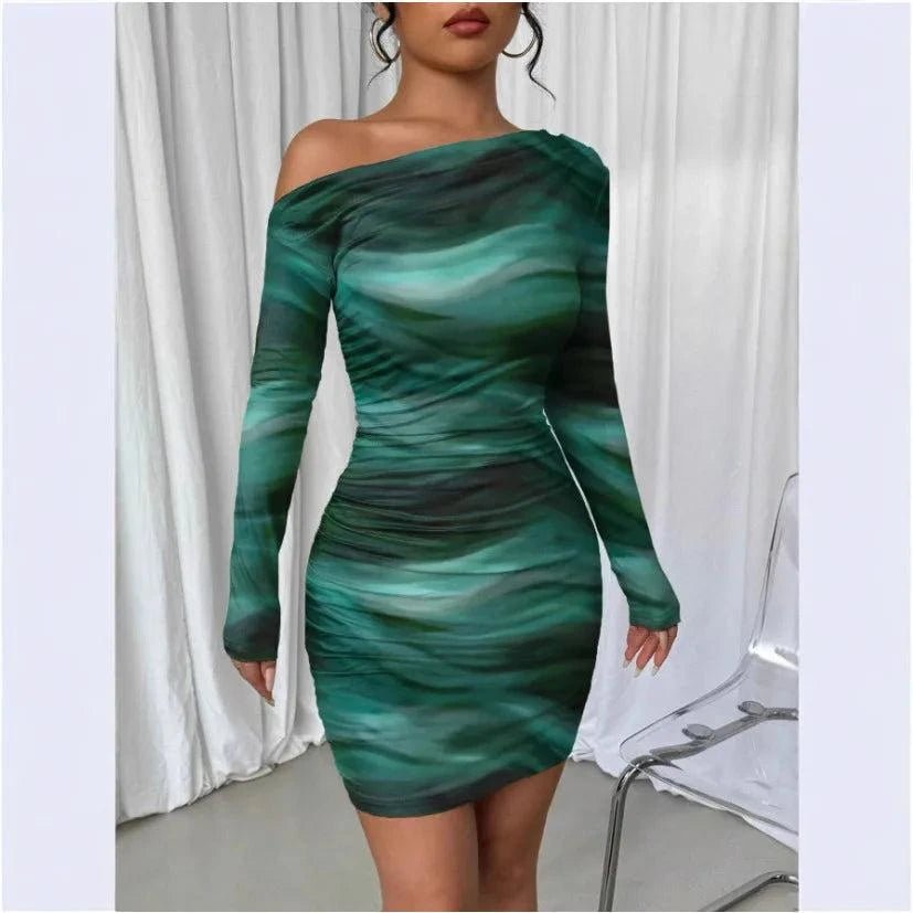 Women’s long sleeve wrap bodycon dress with slim fit and pleated design