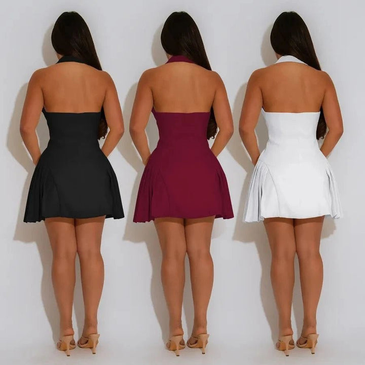 sexy v neck backless short dress with a-line skirt and sleeveless design