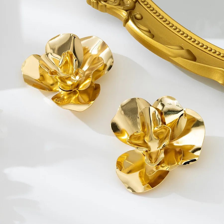 Women’s Flower Stud Earrings in gold electroplated iron with simple floral design and lightweight style