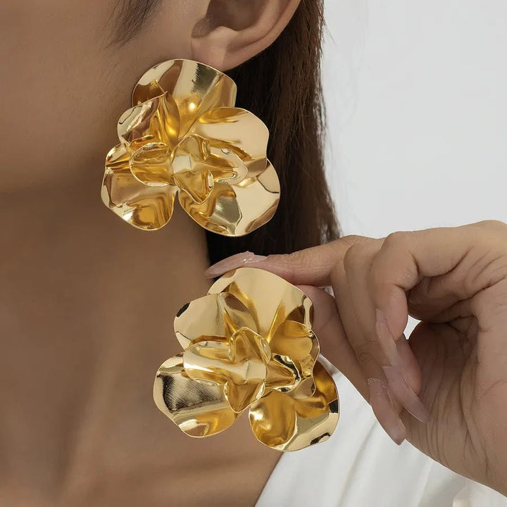 Women’s Flower Stud Earrings in gold electroplated iron with simple floral design and lightweight style