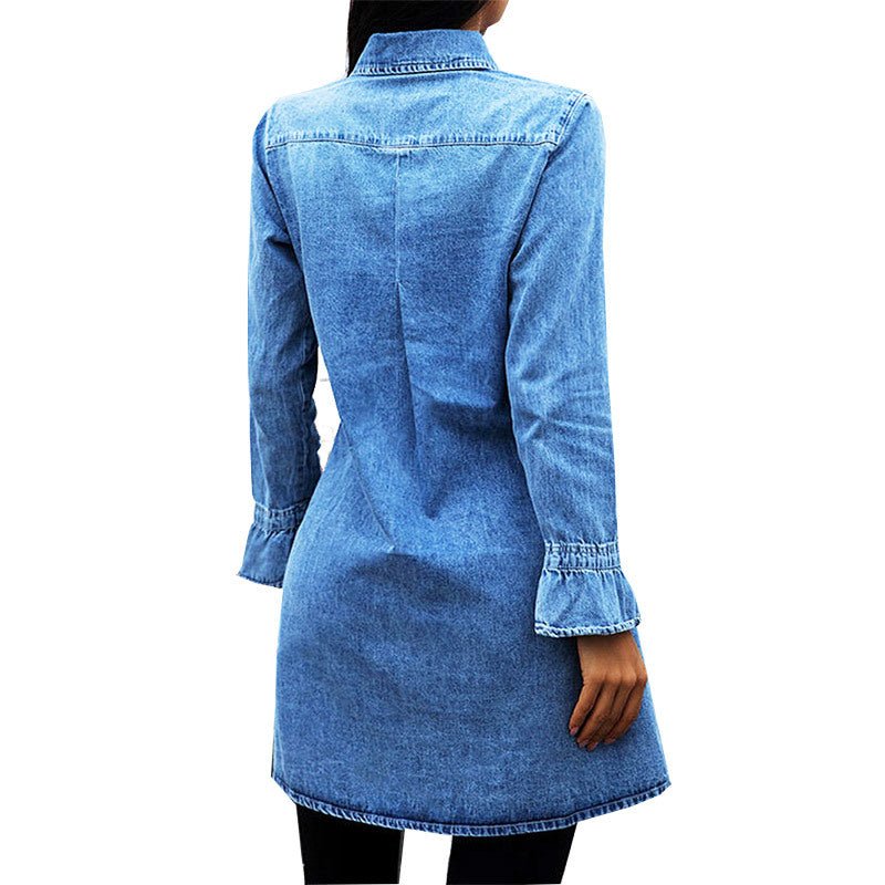 Slim Fit Denim Dress with Ruffle Sleeves - Glow Goddess