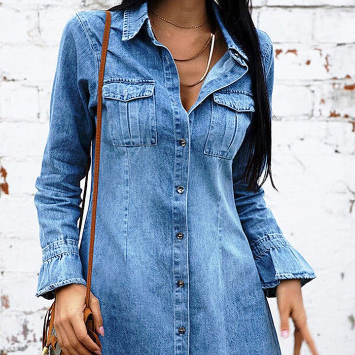 Slim Fit Denim Dress with Ruffle Sleeves - Glow Goddess