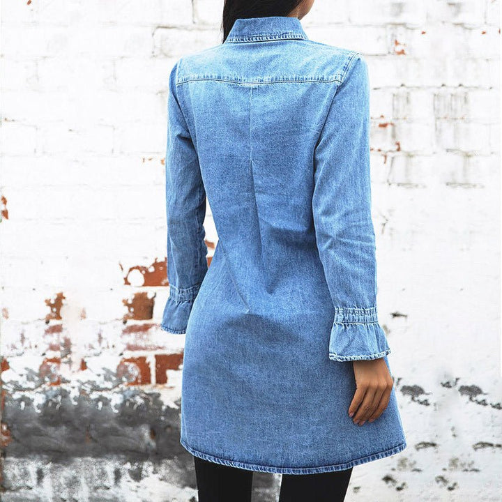 Slim Fit Denim Dress with Ruffle Sleeves - Glow Goddess