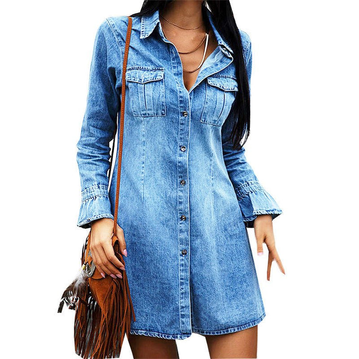 Slim Fit Denim Dress with Ruffle Sleeves - Glow Goddess