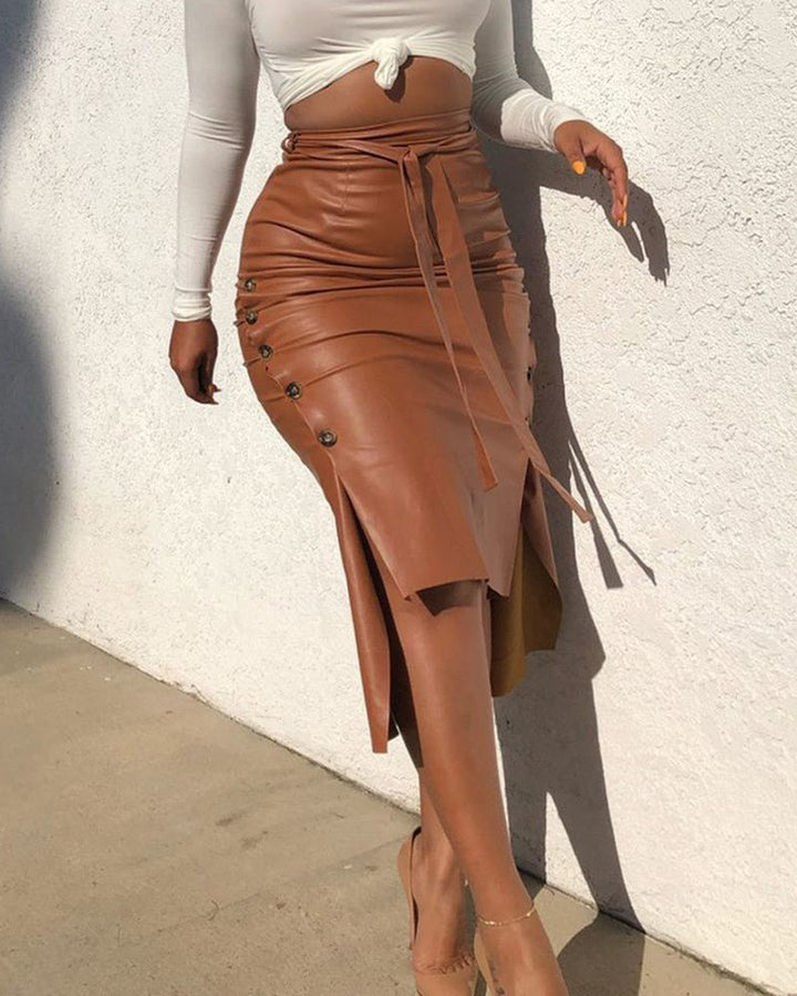 Slim Mid - length Leather Skirt With Split Hips - Glow Goddess