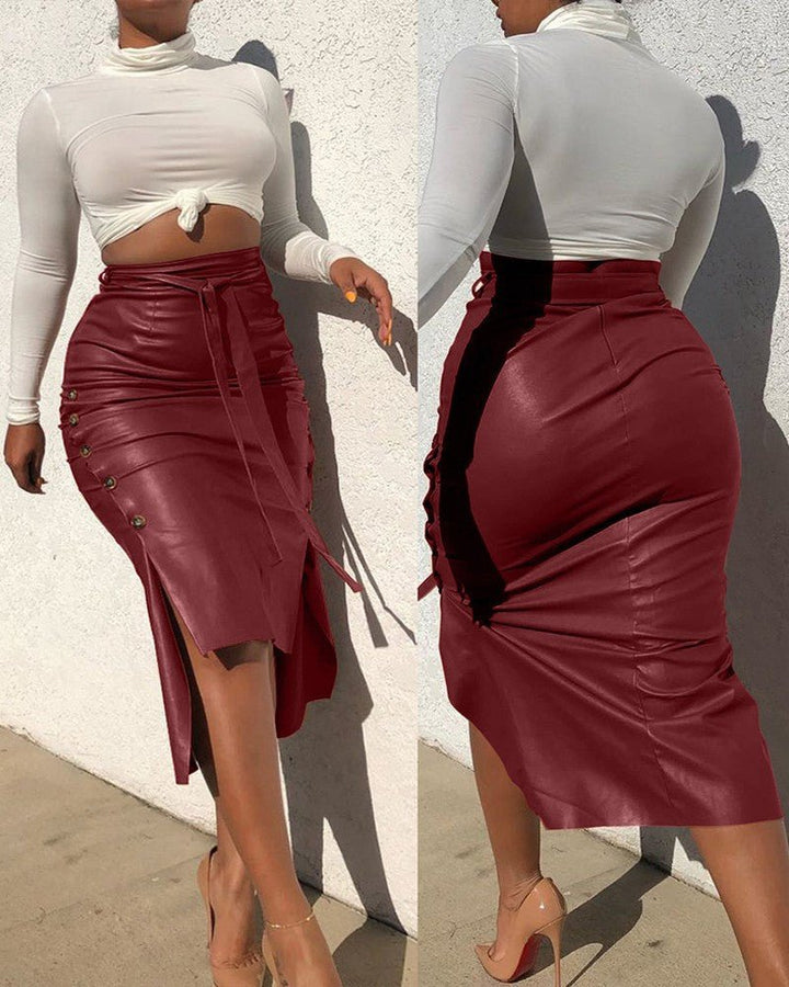 Slim Mid - length Leather Skirt With Split Hips - Glow Goddess