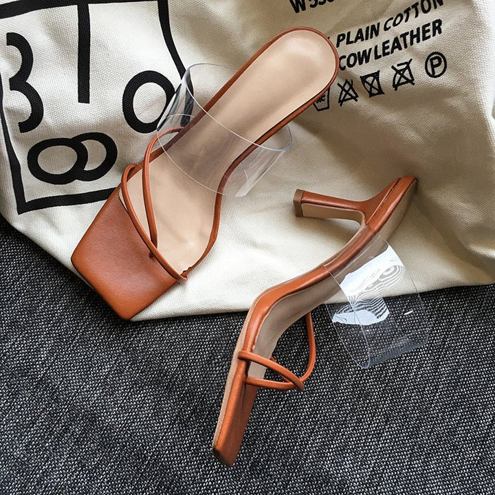 Square Toe Transparent Sandals Women Stiletto Mid - heel All - match Brown High Heels - Glow Goddess