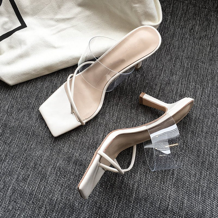 Square Toe Transparent Sandals Women Stiletto Mid - heel All - match Brown High Heels - Glow Goddess