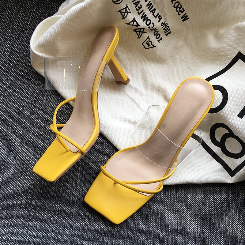 Square Toe Transparent Sandals Women Stiletto Mid - heel All - match Brown High Heels - Glow Goddess
