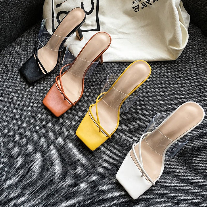 Square Toe Transparent Sandals Women Stiletto Mid - heel All - match Brown High Heels - Glow Goddess