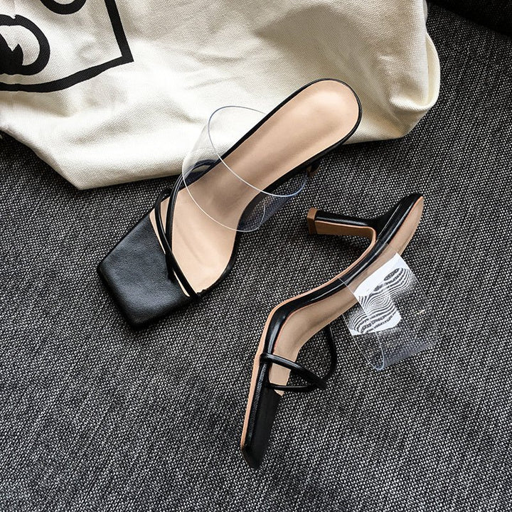 Square Toe Transparent Sandals Women Stiletto Mid - heel All - match Brown High Heels - Glow Goddess