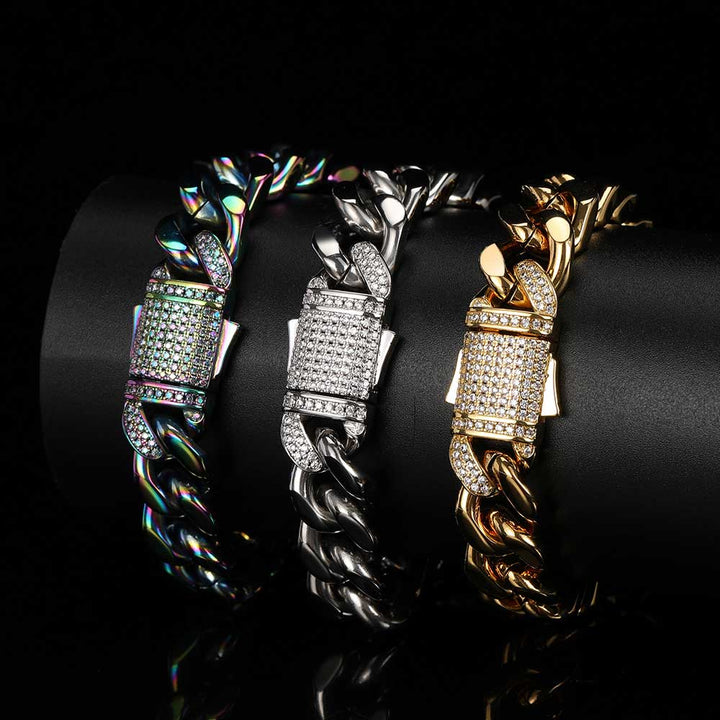 Stainless Steel Cuban Chain Hip Hop Bracelet Diamond Spring Buckle Four Sides Grinding - Glow Goddess