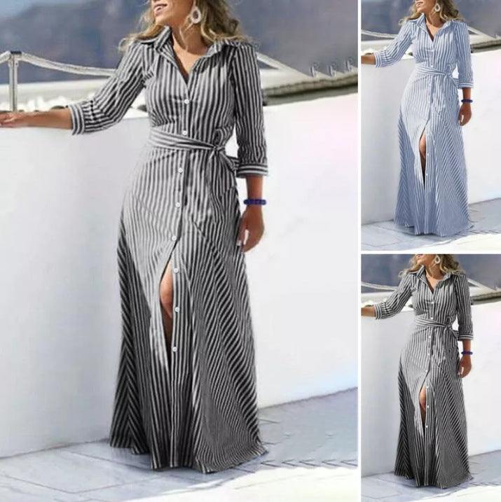 Striped Bohemian Three - quarter Length Sleeves Cardigan Dress - Glow Goddess