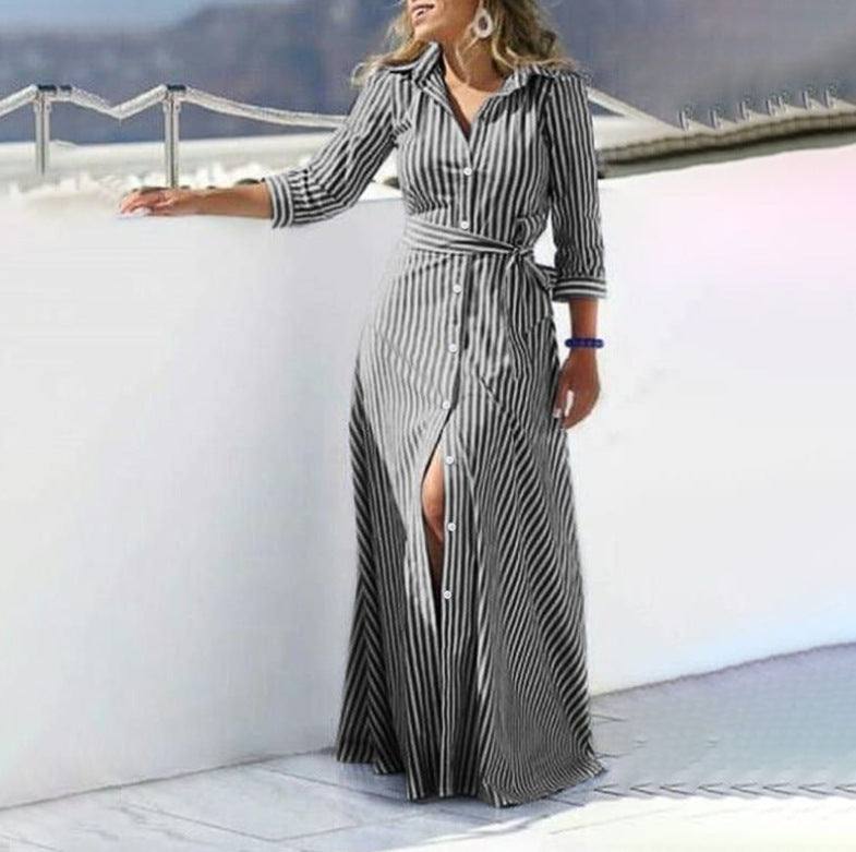 Striped Bohemian Three - quarter Length Sleeves Cardigan Dress - Glow Goddess