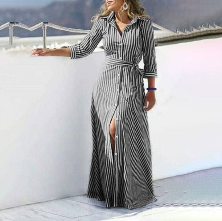 Striped Bohemian Three - quarter Length Sleeves Cardigan Dress - Glow Goddess