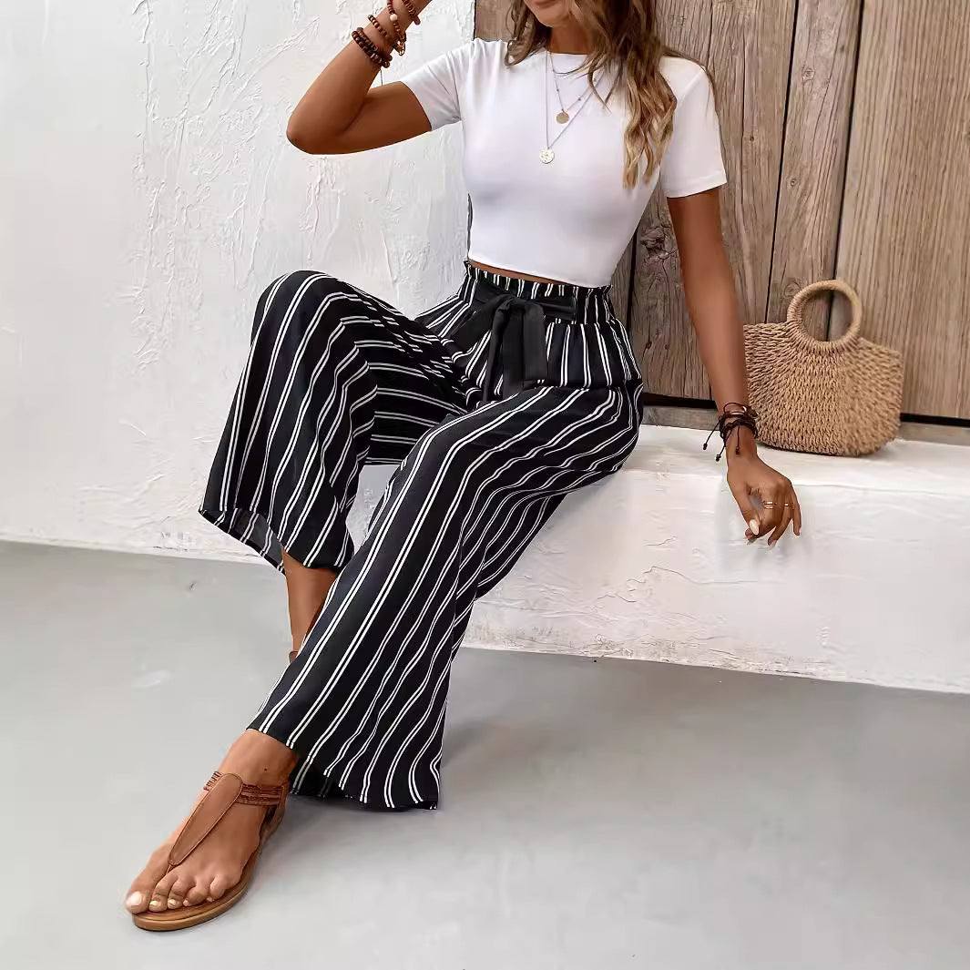 Striped Wide - leg Casual Pants High Waist Straight Loose - Glow Goddess