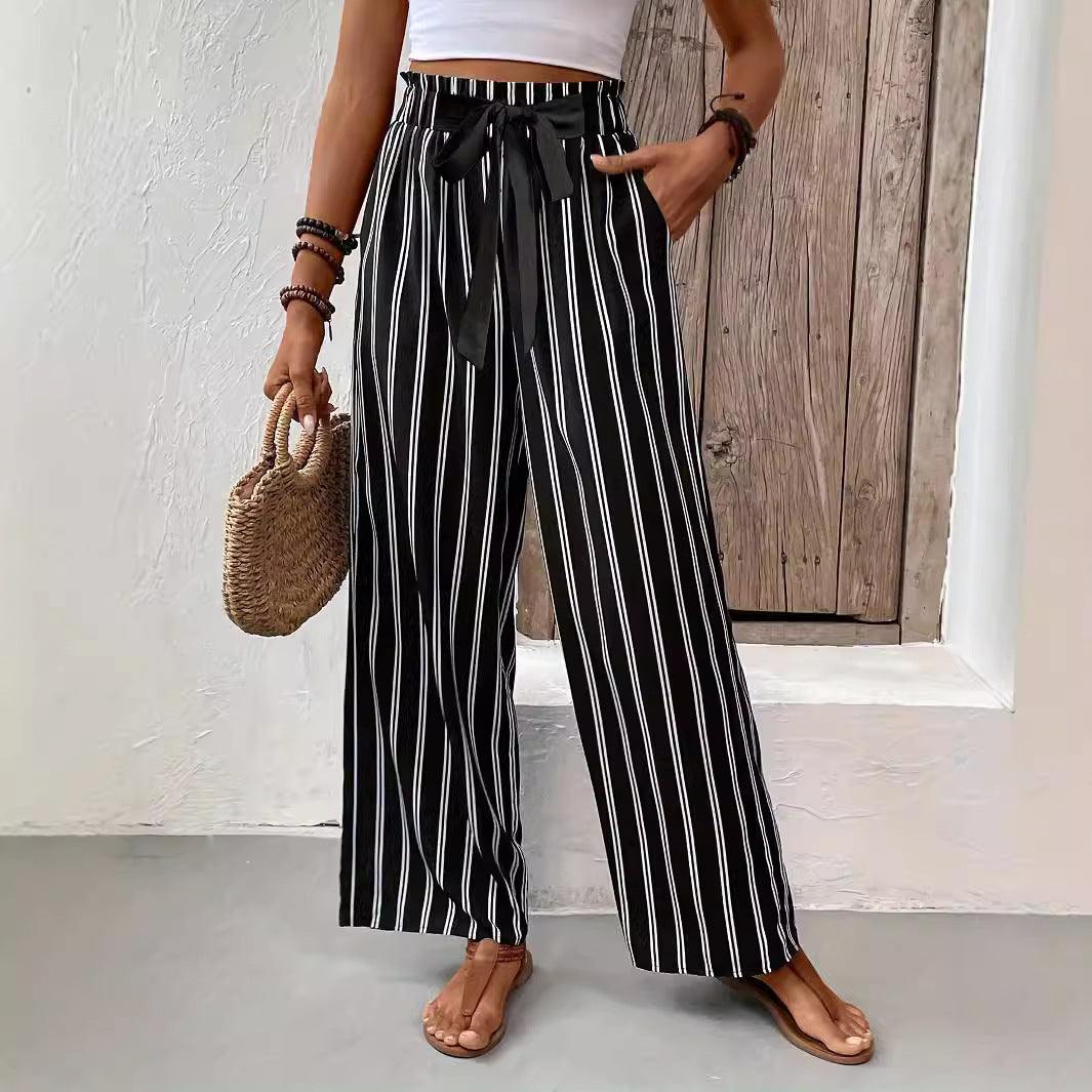 Striped Wide - leg Casual Pants High Waist Straight Loose - Glow Goddess