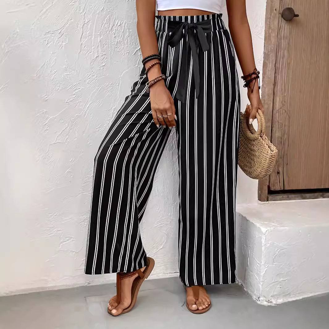 Striped Wide - leg Casual Pants High Waist Straight Loose - Glow Goddess