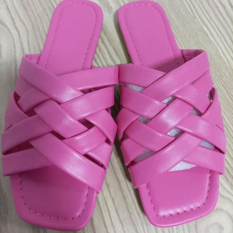Leather Flat Women Slippers in blue, pink, and beige with smooth leather upper and flat sole for summer outdoor wear