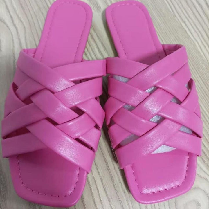 Leather Flat Women Slippers in blue, pink, and beige with smooth leather upper and flat sole for summer outdoor wear