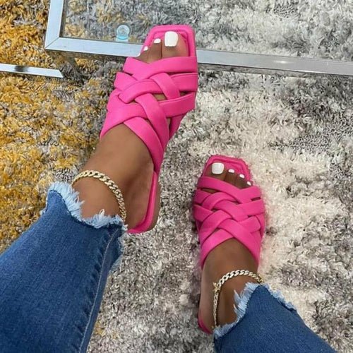 Leather Flat Women Slippers in blue, pink, and beige with smooth leather upper and flat sole for summer outdoor wear