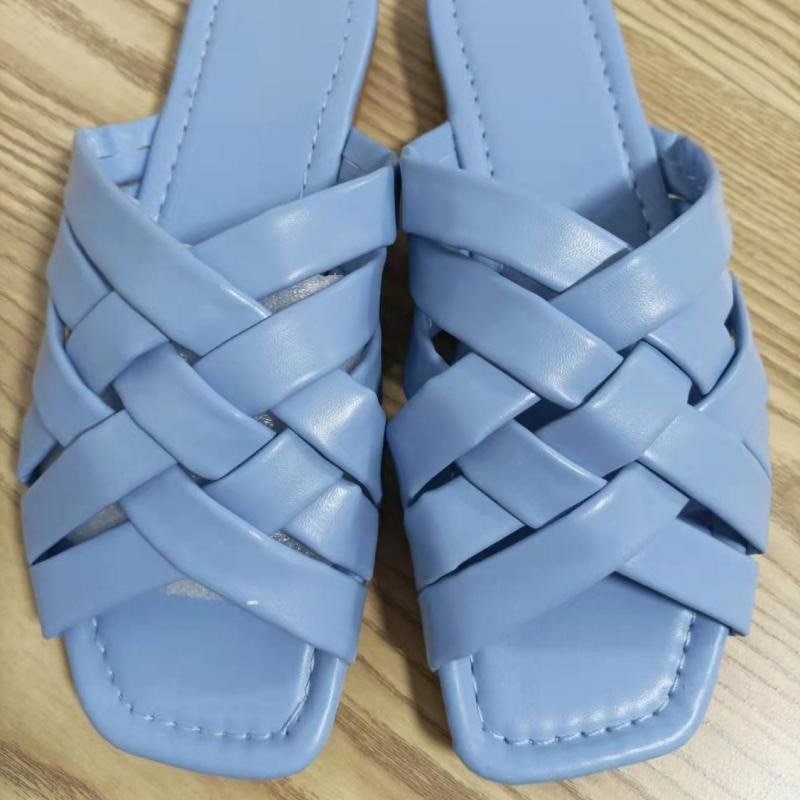 Leather Flat Women Slippers in blue, pink, and beige with smooth leather upper and flat sole for summer outdoor wear