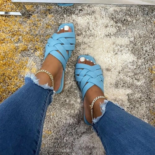Leather Flat Women Slippers in blue, pink, and beige with smooth leather upper and flat sole for summer outdoor wear