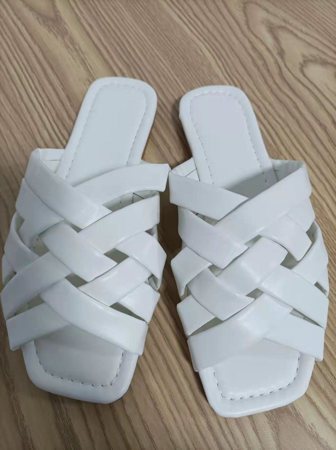 Leather Flat Women Slippers in blue, pink, and beige with smooth leather upper and flat sole for summer outdoor wear