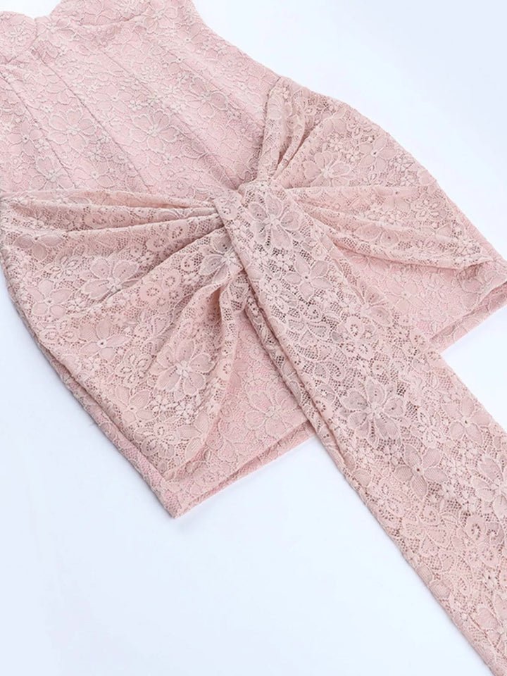 Sweetheart Lace Mini Dress with wide straps, fitted silhouette, delicate lace detailing, tied waist accent, and flattering sweetheart neckline.
