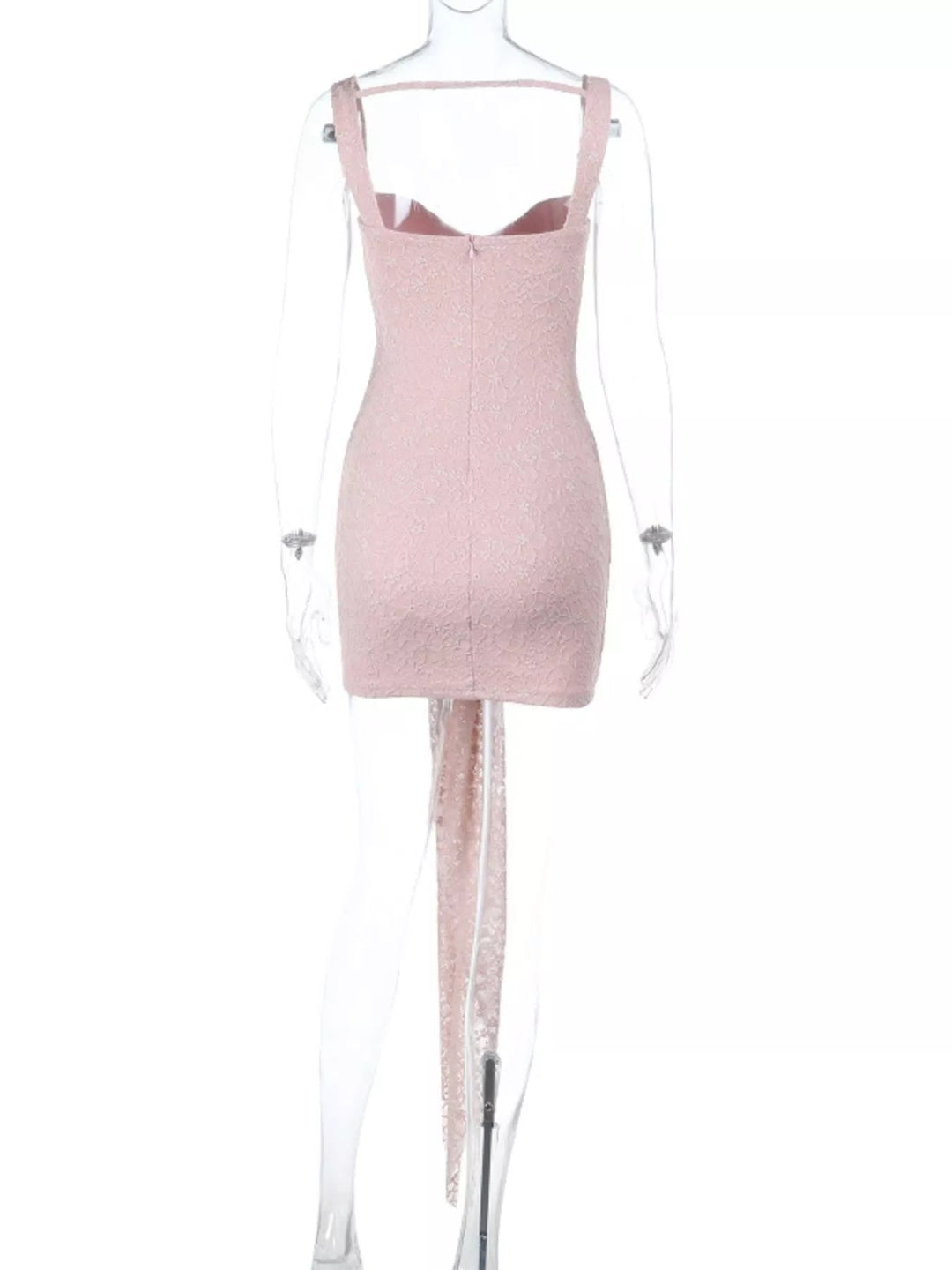 Sweetheart Lace Mini Dress with wide straps, fitted silhouette, delicate lace detailing, tied waist accent, and flattering sweetheart neckline.