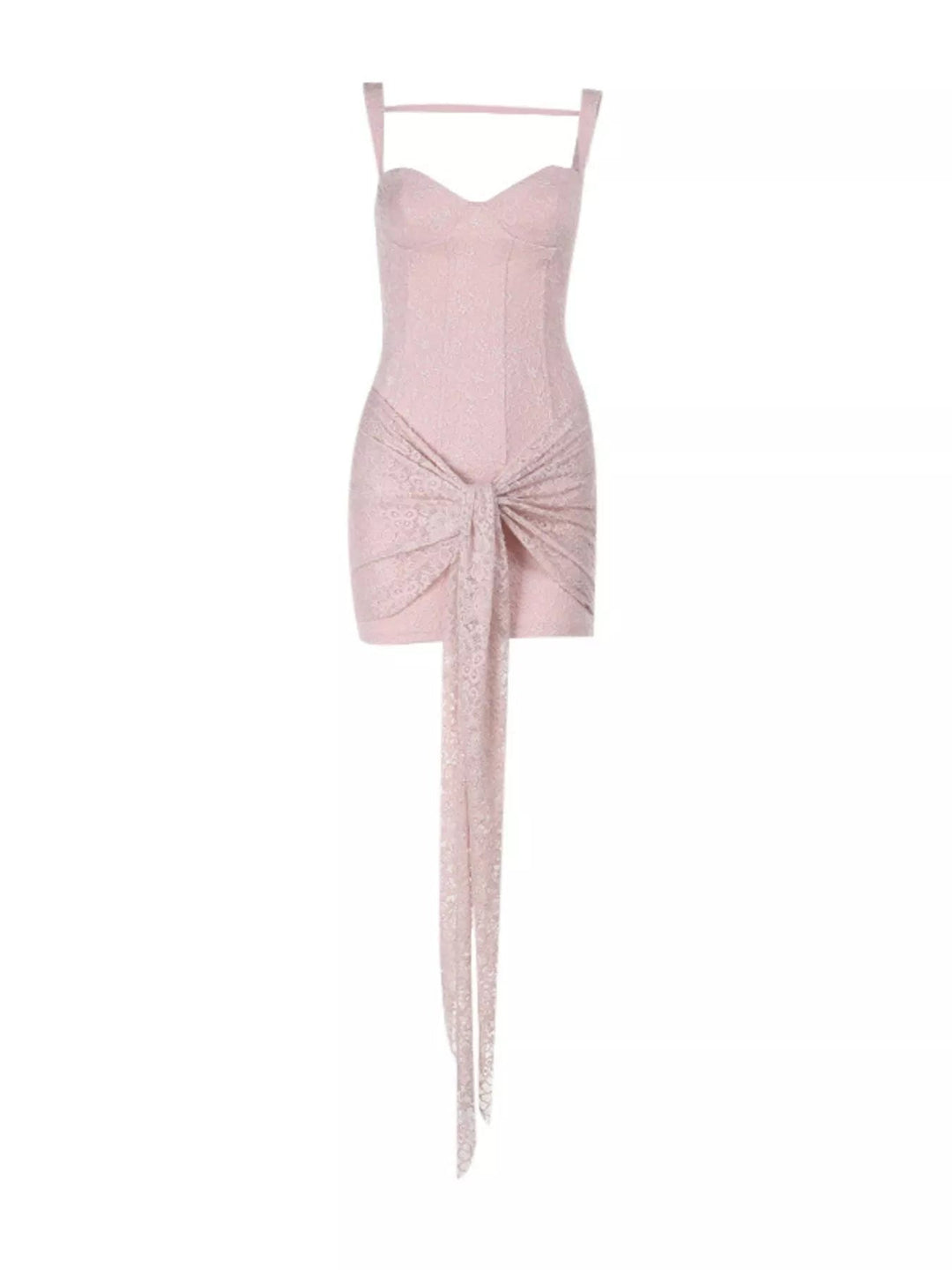 Sweetheart Lace Mini Dress with wide straps, fitted silhouette, delicate lace detailing, tied waist accent, and flattering sweetheart neckline.