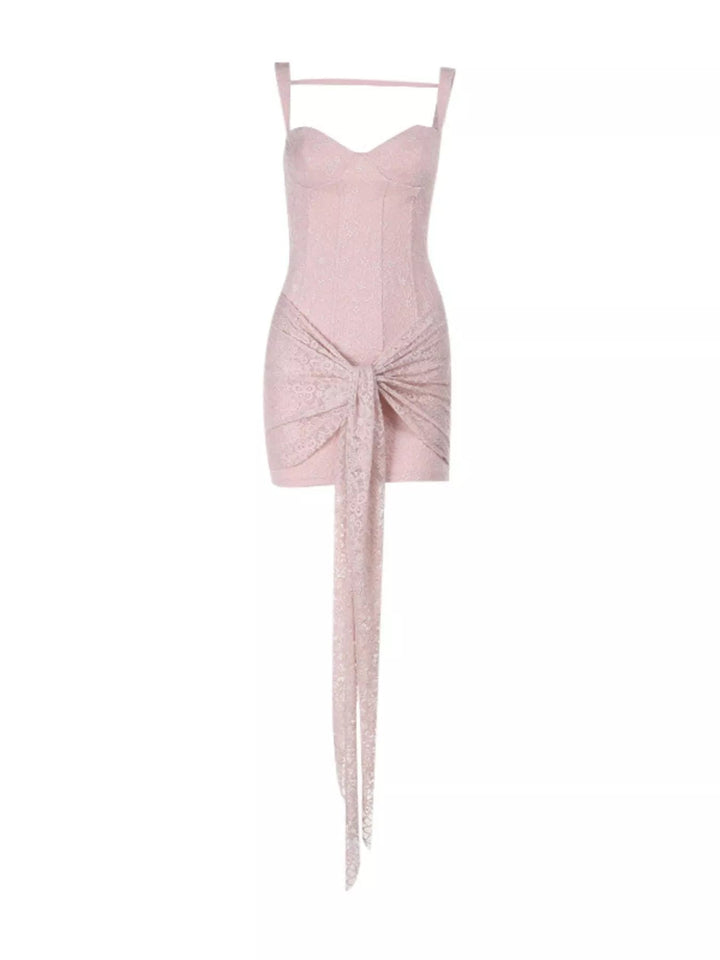 Sweetheart Lace Mini Dress with wide straps, fitted silhouette, delicate lace detailing, tied waist accent, and flattering sweetheart neckline.