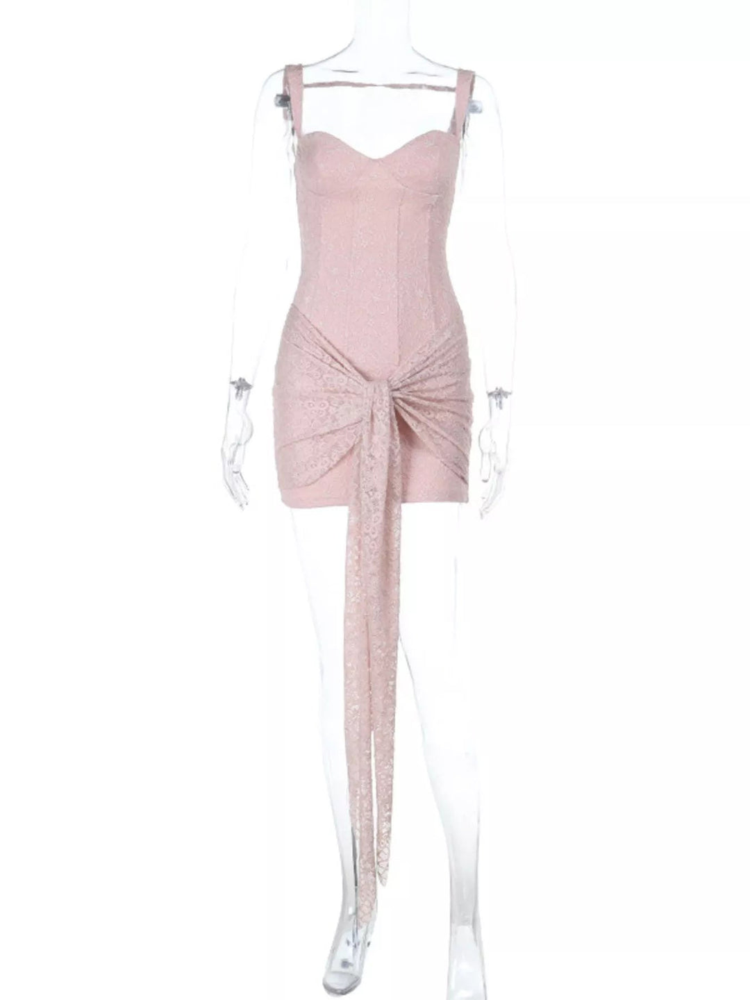 Sweetheart Lace Mini Dress with wide straps, fitted silhouette, delicate lace detailing, tied waist accent, and flattering sweetheart neckline.
