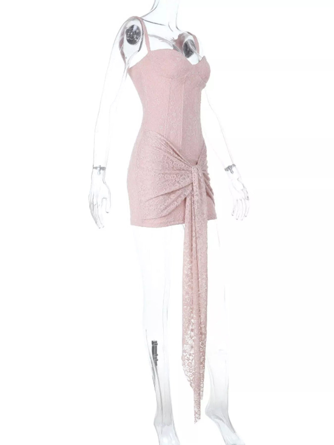 Sweetheart Lace Mini Dress with wide straps, fitted silhouette, delicate lace detailing, tied waist accent, and flattering sweetheart neckline.