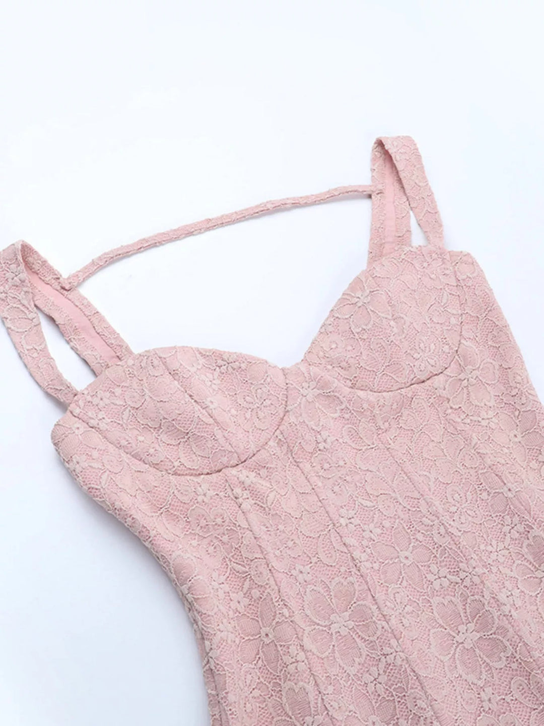 Sweetheart Lace Mini Dress with wide straps, fitted silhouette, delicate lace detailing, tied waist accent, and flattering sweetheart neckline.