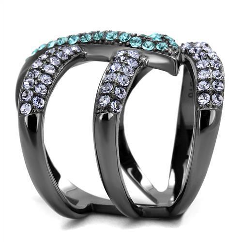 Black stainless steel crystal ring with IP light black gunmetal finish and multicolor top-grade crystal