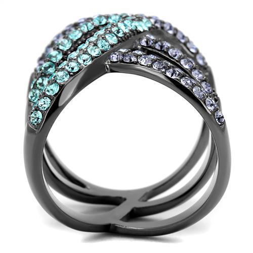 Black stainless steel crystal ring with IP light black gunmetal finish and multicolor top-grade crystal