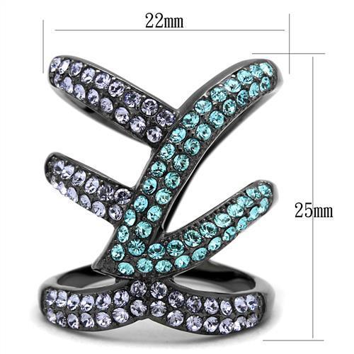 Black stainless steel crystal ring with IP light black gunmetal finish and multicolor top-grade crystal