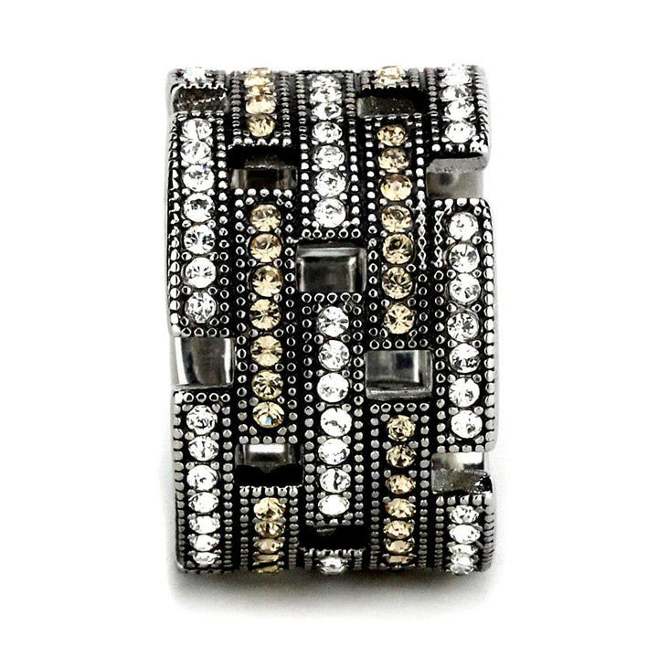 Multicolor crystal ring with high-polished stainless steel band and radiant top-grade crystal