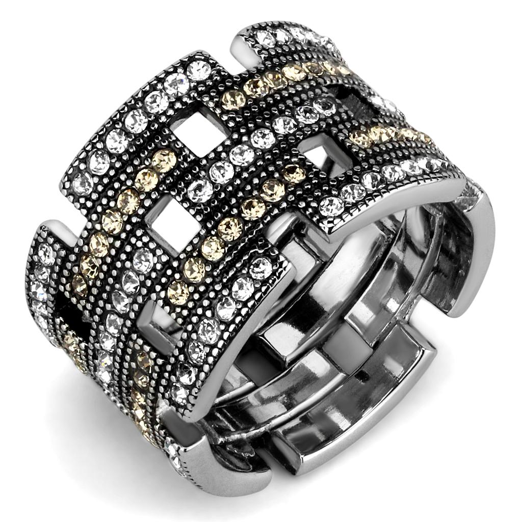 Multicolor crystal ring with high-polished stainless steel band and radiant top-grade crystal