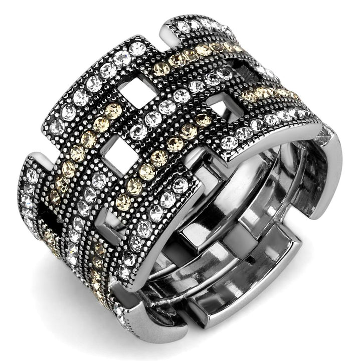 Multicolor crystal ring with high-polished stainless steel band and radiant top-grade crystal