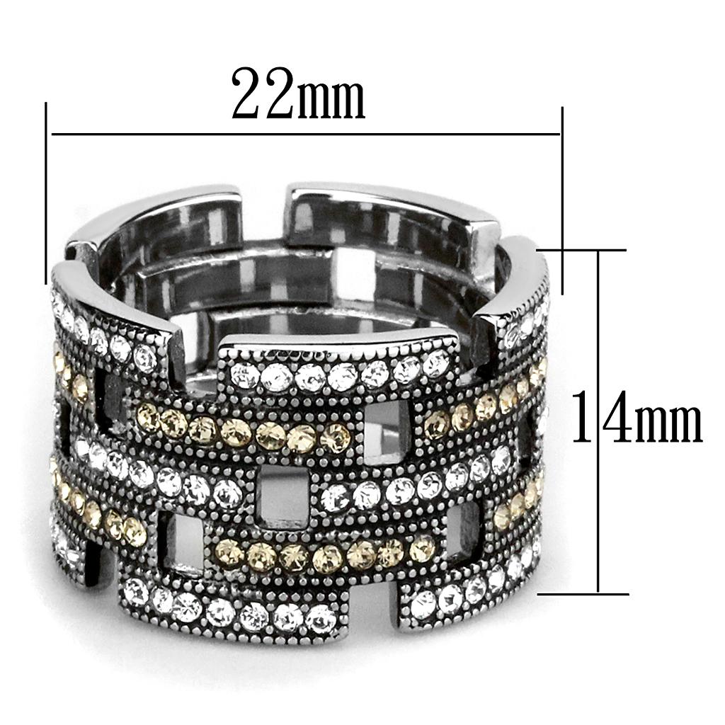 Multicolor crystal ring with high-polished stainless steel band and radiant top-grade crystal