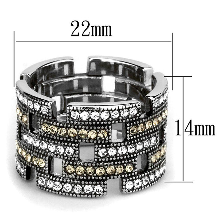 Multicolor crystal ring with high-polished stainless steel band and radiant top-grade crystal