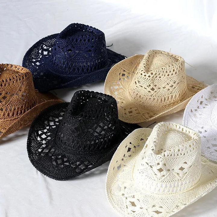 Unisex straw hat with hollow out design and crimped brim for summer outdoor wear