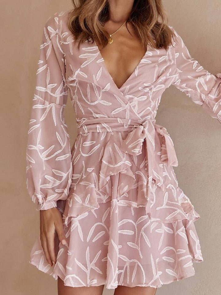 V Neck Lantern Sleeve Jacquard Weave Chiffon Dress - Glow Goddess